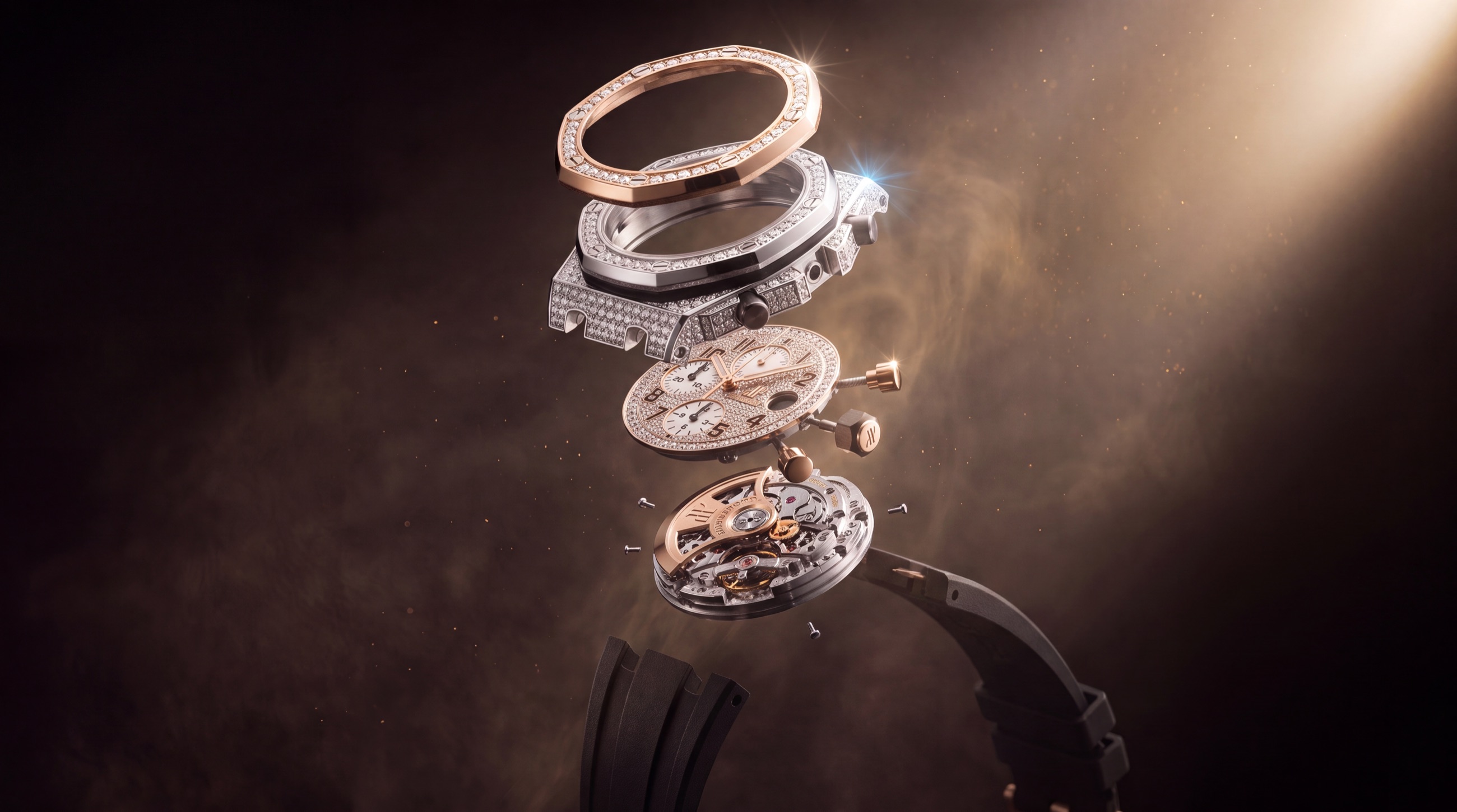 Iced diamond chronograph exploding into its components, lit in a dark studio