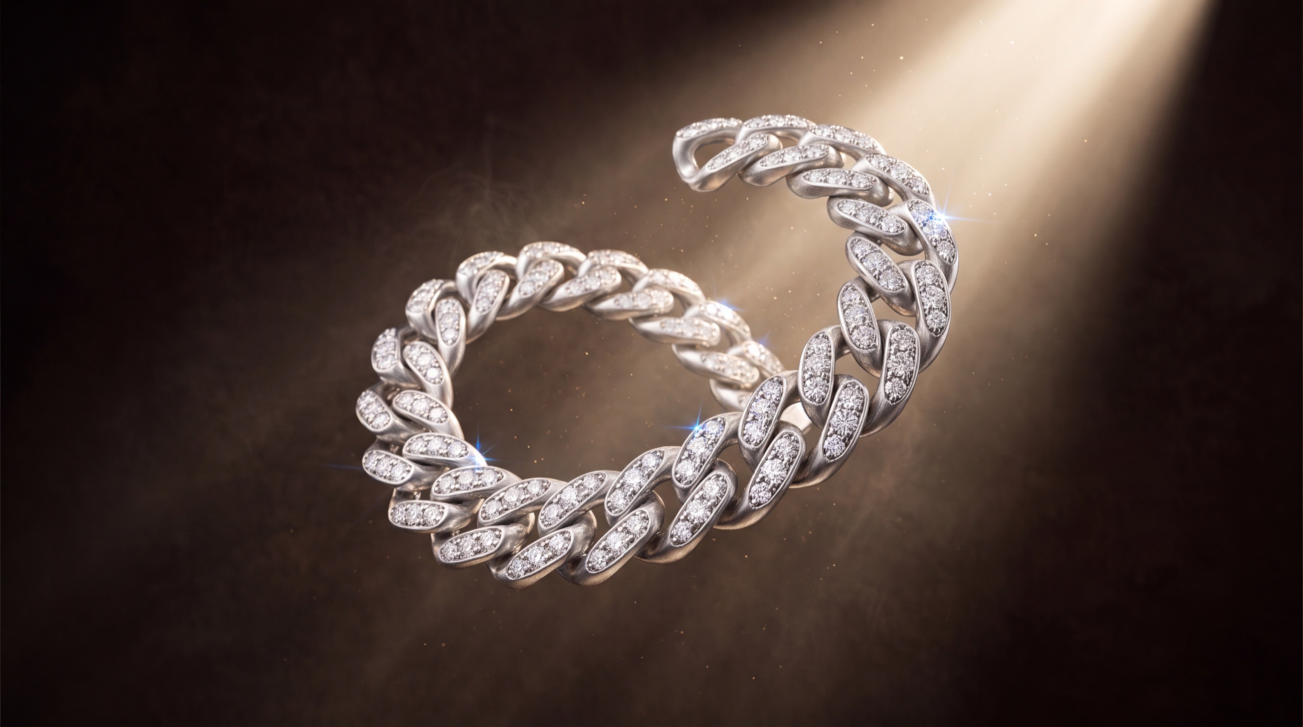 Iced-out VVS moissanite Cuban chain, coiled and lit in a dark studio