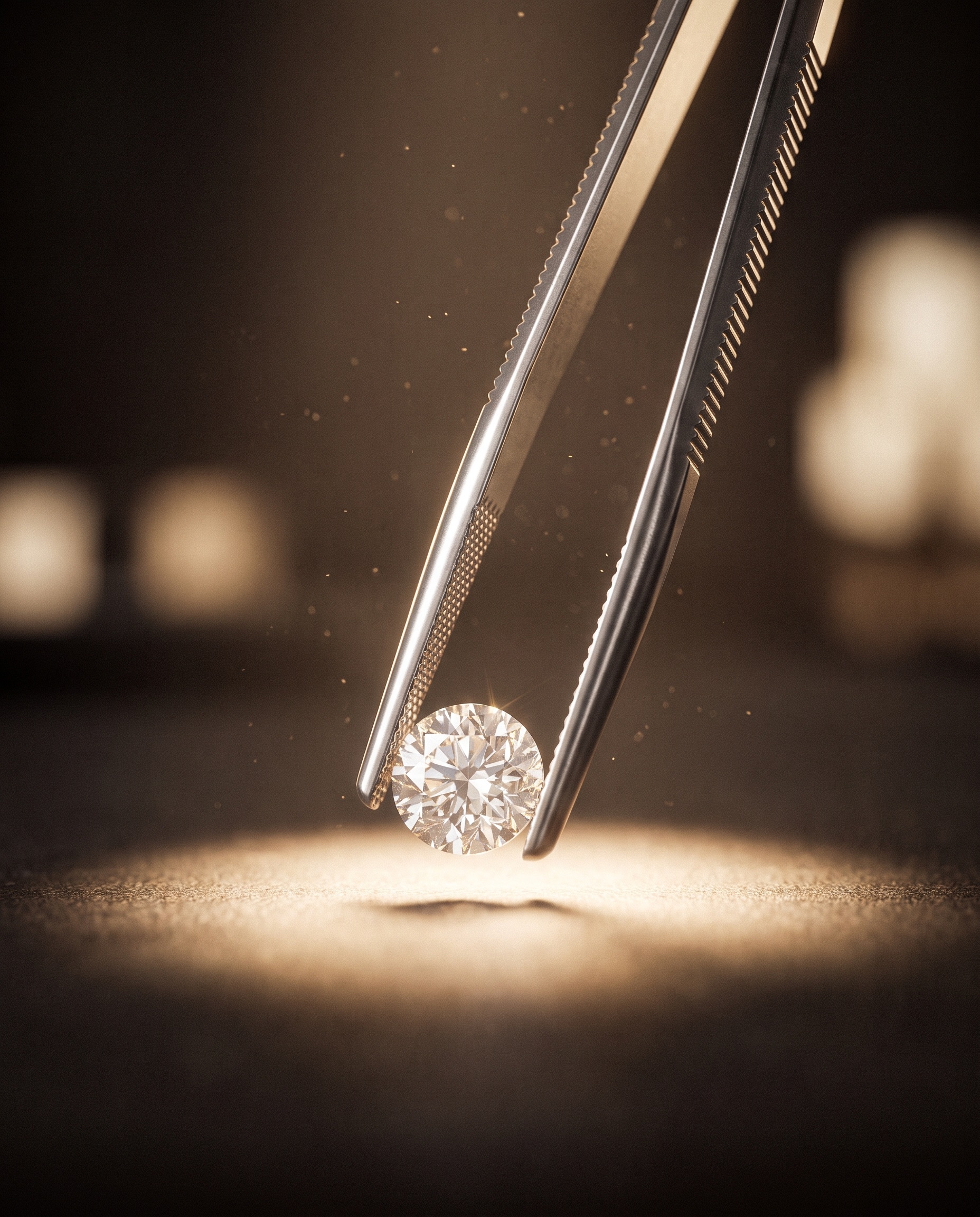 A lab-grown brilliant-cut diamond held in tweezers under warm studio light