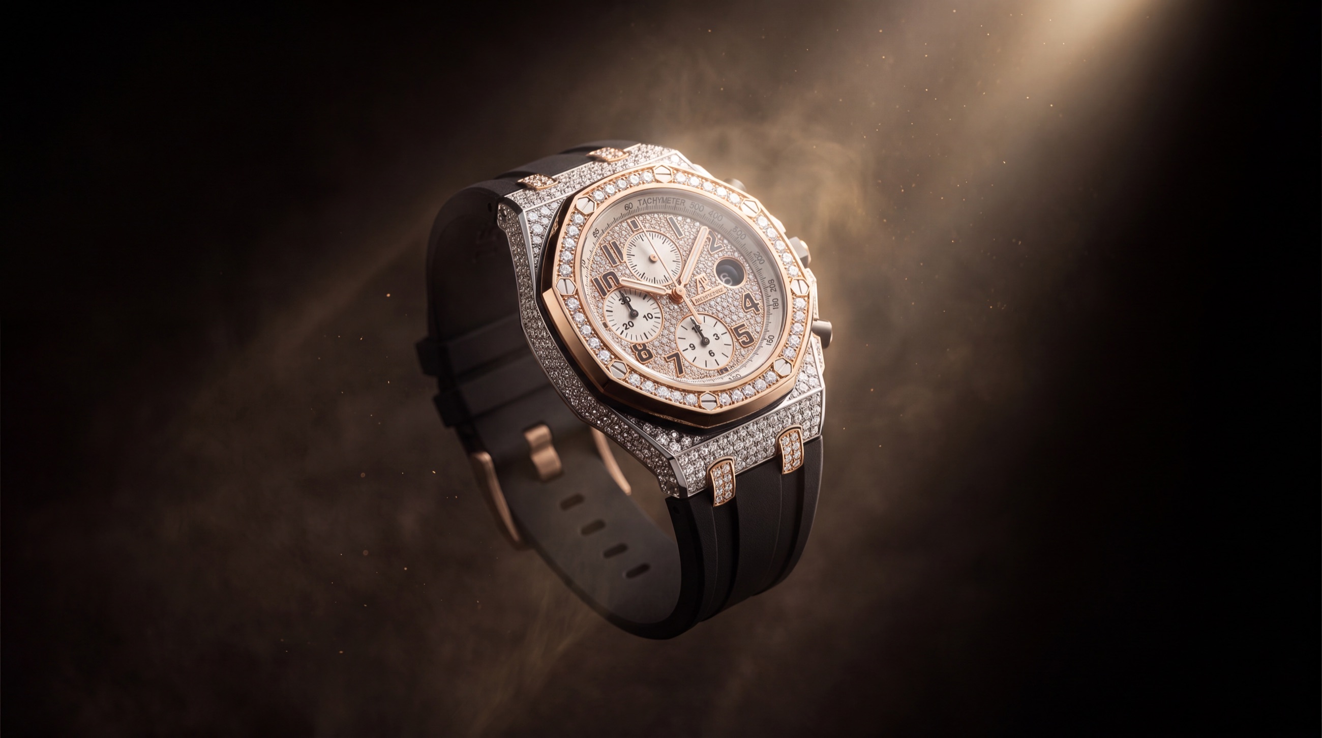 The finished iced diamond chronograph, turning under studio light